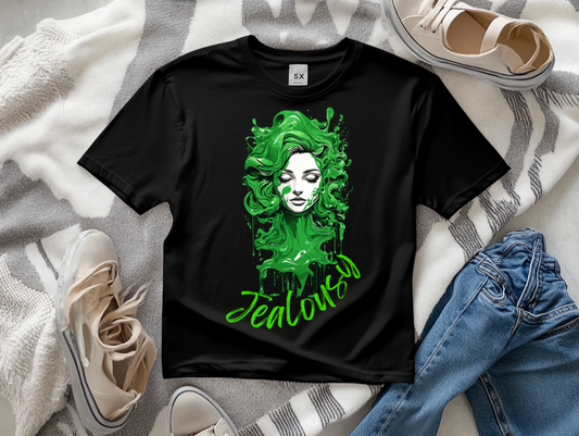 This mock up for one of the alternative T-shirts is the jealousy tee in green on a black tee. With A pair Of shoes And jeans Around The T Shirt.