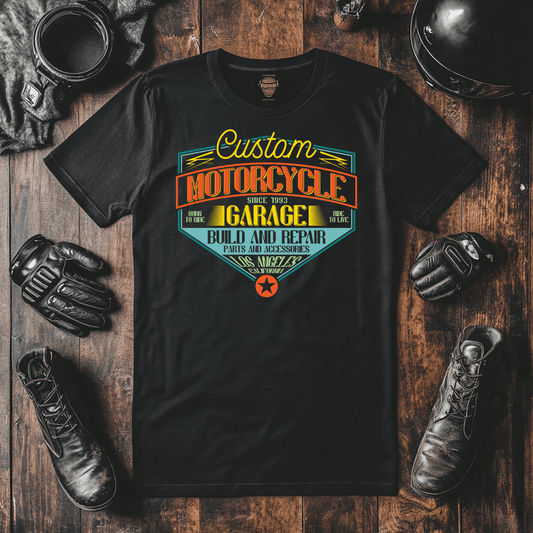 This Custom Motorcycle Garage Biker Tee In Black With Bright Yellow And Orange Writing.