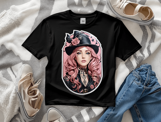 The beautiful witch designed alternative t-shirt is Absolutely gorgeous showing a stunning witch in pink hair.