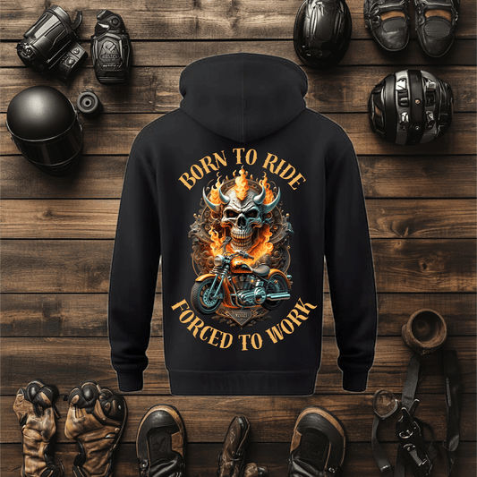 I'm telling you now Biker Hoodies For Men don't come much better than the "Born To Ride Forced To Work" Hoodie. It has our Knee Down Apparel logo onthe front left and then on the back in full print it has "Born  To Ride Forced To Work" And the the skull and motorcycle.