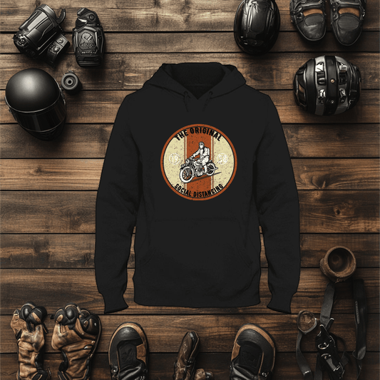 This Biker Hoodies For Men Mockup Shows A Black hoodie with a patch style logo with an old motorcycle and the wording "The Original Social Distancing"