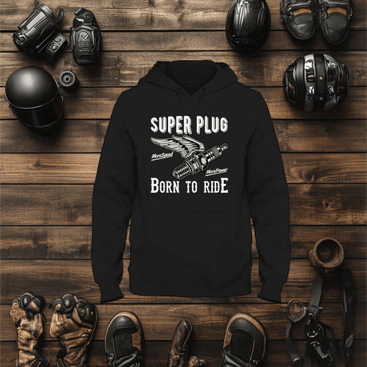 These Biker Hoodies For Men Fir So Well This One Shows A Black Hoodie Mockup With The  "Super Plug Born To Ride" Logo And Wording On The From This Is A Spark Plug With Wings.