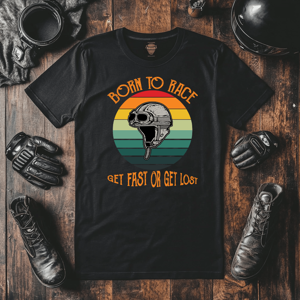 This Biker T-Shirts For Women Mockup Shows A Black T-Shirt With The Wording "Born To Race Get Fast Or Get Lost" With A Very Old Vintage Style Helmet On A Vintage Color Circle Background