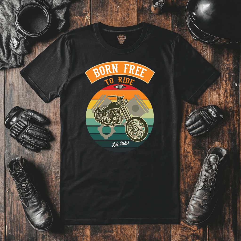 This mock up shows a bikers tee with born free to ride in lettering and a motorcycle with cross pistons behind the biker on a a vintage color background circle cut in slices