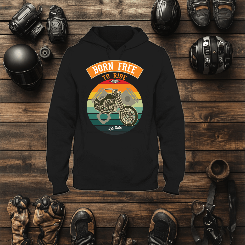 A mock up for the born free to ride biker hoodie it also has motorcycle apparel around the top.