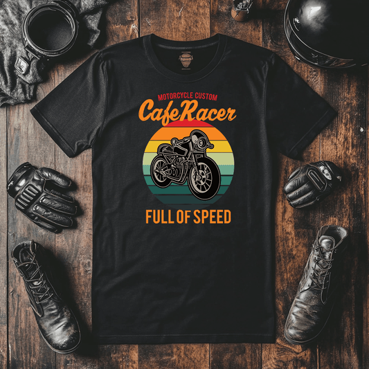 Knee Down Apparel Cafe racer Biker T-Shirt with a classic cafe racer bike on a vintage backdrop