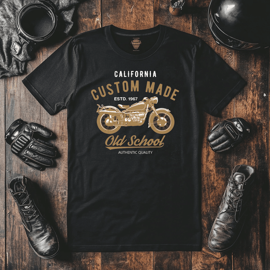 This black motorcycle t-shirt shows a calssic motorcycle with California Custom Made Writing With Old School Underneath.