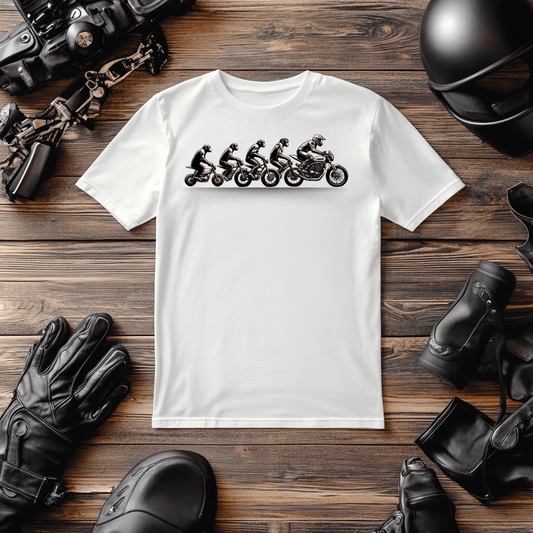 This t-shirt depicts the evoultion of e bikers t-shirts from monkeys to now. 