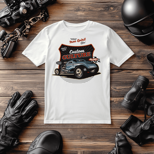 Our Hot Rod t-Shirts Are Excellent This One IN White Shows A Hot Rod With Custom Culture In Writing.