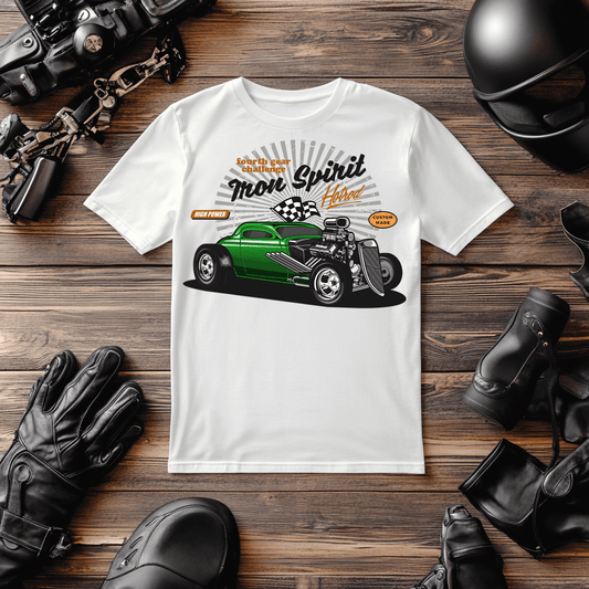 A fantastic mock up for one of our hot rod T-shirts, in white the shirt really pops off the wooden background.