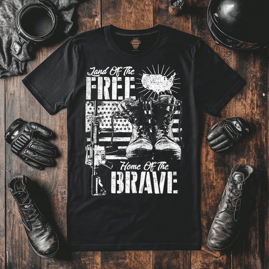 A mock up for a veteran’s t-shirt saying the land of the free and the home of the brave with a us flag a paid of black army boots and a rifle.