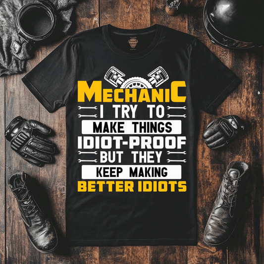 A funny mechanics Tshirt mock up. It has motorcycle apparel around the T-shirt.