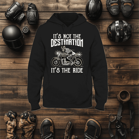 A mock up of a black bikers hoodie surround in biker gear 