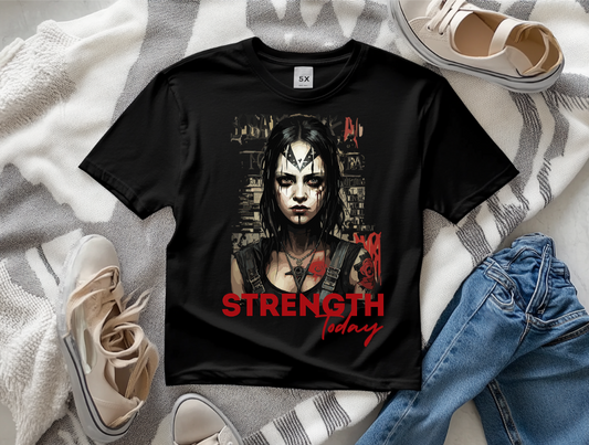 One of the stunning alternative T-shirts from our collection. Showing a beautiful girl With war paint On The T-shirt is black and the writing is in red Saying "Strength Today".