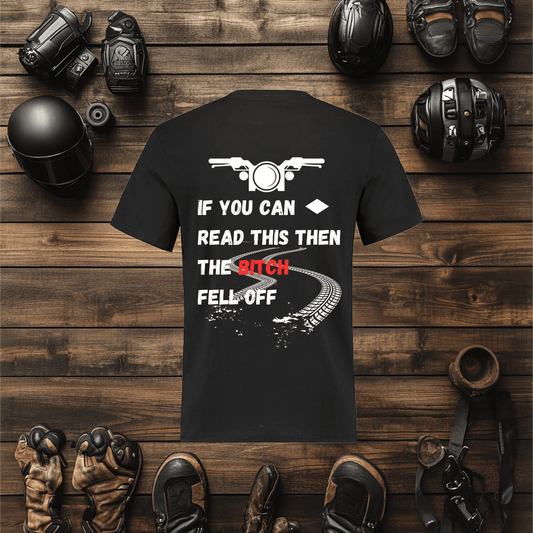 A funny biker tee that makes fun of the back of the shirt.