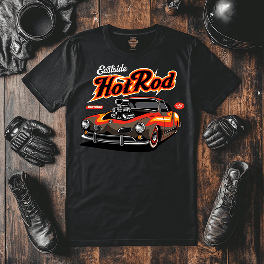 Mock up of an awesome hot rod T-shirt the T-shirt is black and has a red car on it.