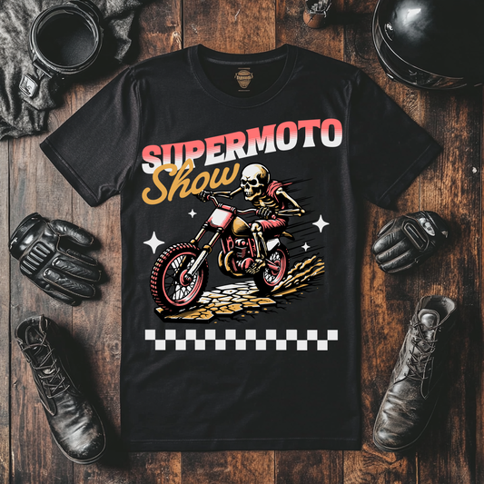 Motorbike T Shirts Mockup Of Black Biker T-Shirt With Supermoto Show, Showing A Skeleton Riding A Dirt Bike