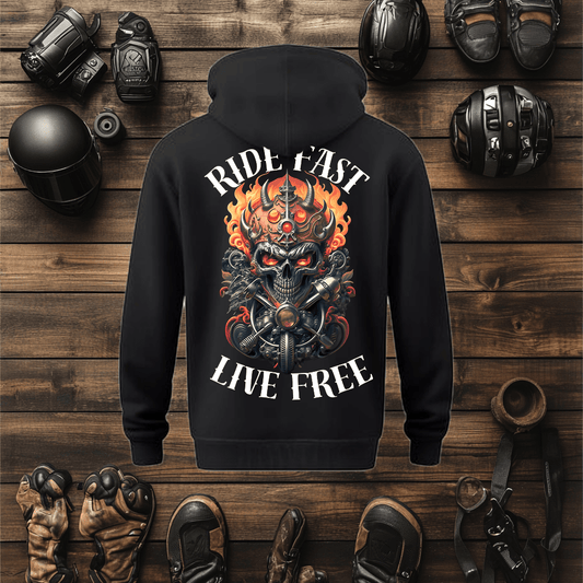 A mock up for one of the biker hoodies with ride fast live free and a skull graphic in the middle.