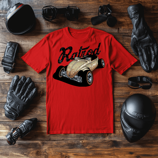 A bright red hot rod tshirt mock up that’s has the quote “Rat Rod” on it.