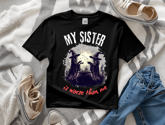 A fun sisters witch alternative T-shirts mock up with a gorgeous black tee.