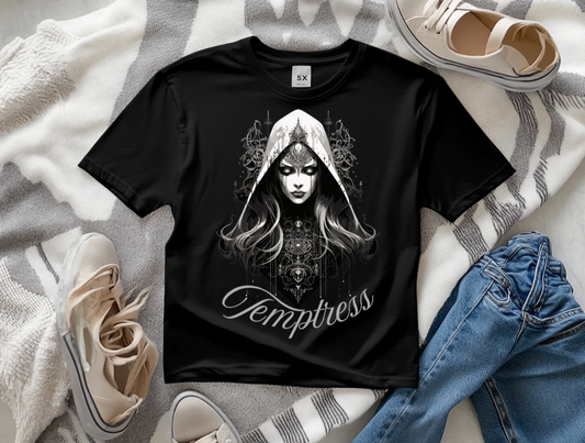 A mock up for this stunning alternative tee with the word temptress on it.