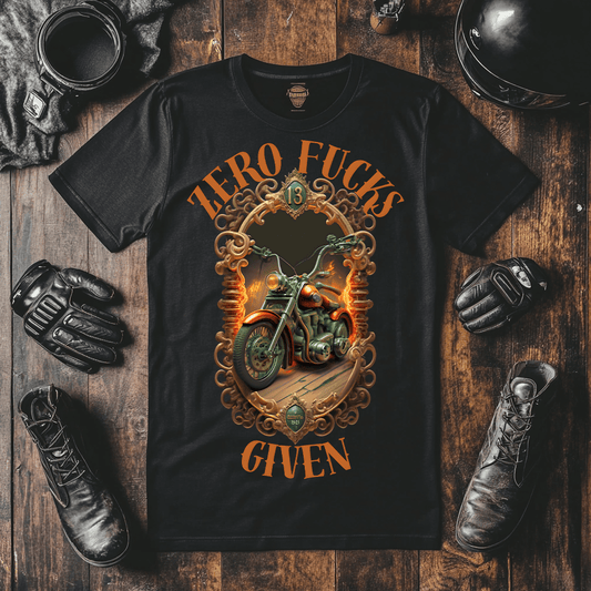 A T-shirt mock up for the biker T-shirts collection on a wooden background with motorcycle items around it.