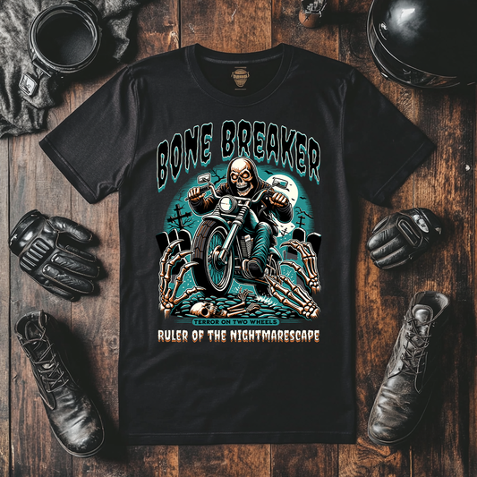 bone breaer biker t-shirts skeleton riding motorboke over graves of bones