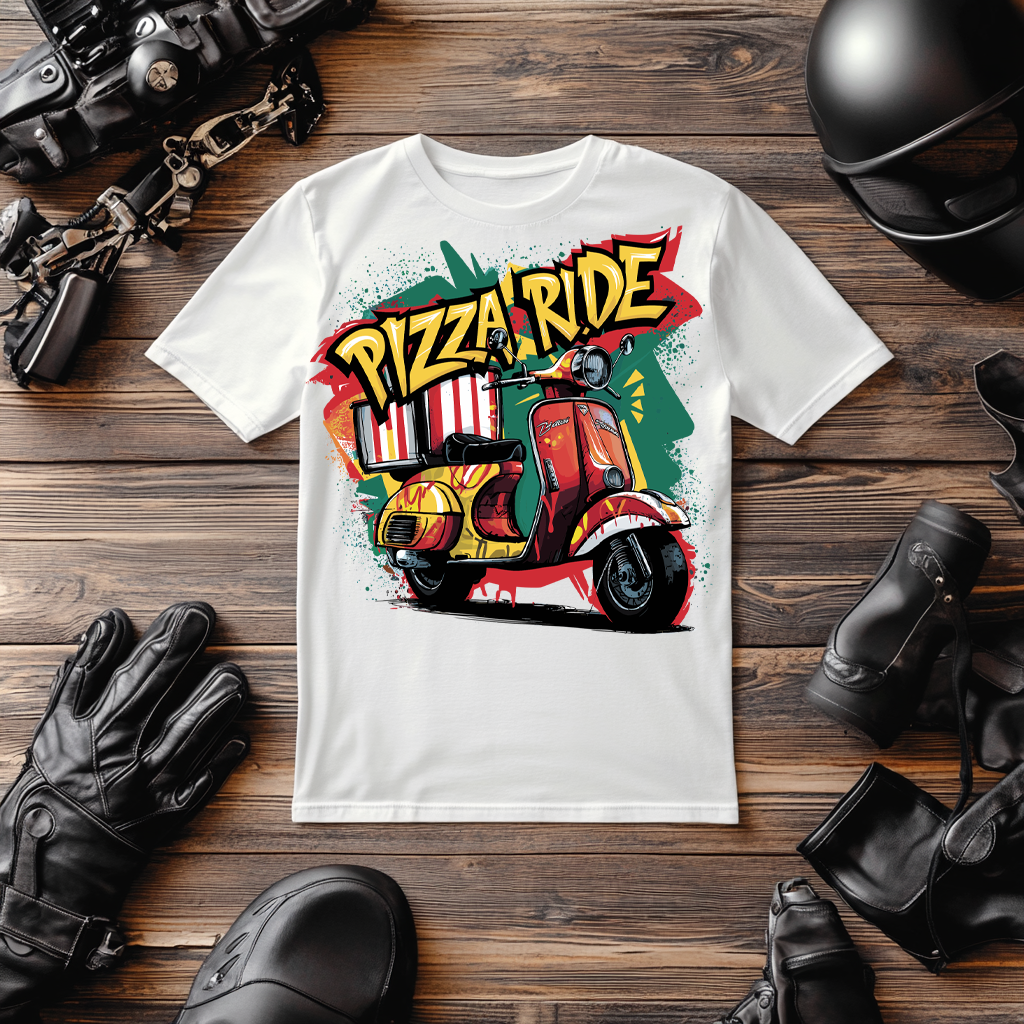 white pizza ride biker t-shirts are loads of fun show your fun side 