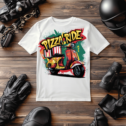 white pizza ride biker t-shirts are loads of fun show your fun side 