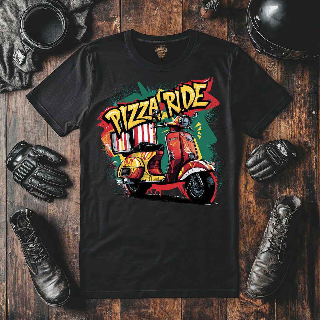 a fun colourful biker tee, The pizza ride design shows how fun our motorcycle t shirts can be