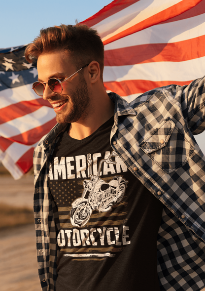 Biker T-Shirt With A Man Wearing His Biker T-Shirt Holding The USA Flag