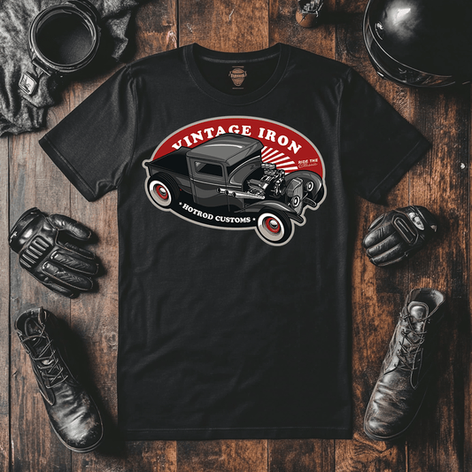 A tshirt mock up of a black hot rod T-shirt with vintage iron write on the shirt and a cool looking black and grey hot rod car.