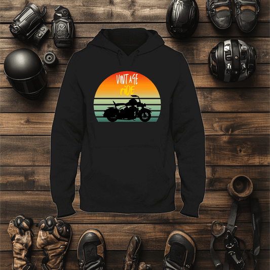 A hoodie mock up of a classic vintage style design on the front of a black hoodie.