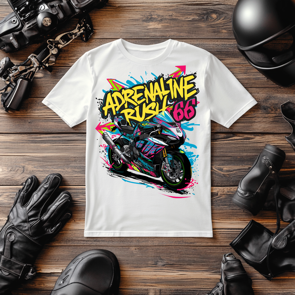 The white biker t-shirts collection mock up for the Adrenaline Rush 66 Design